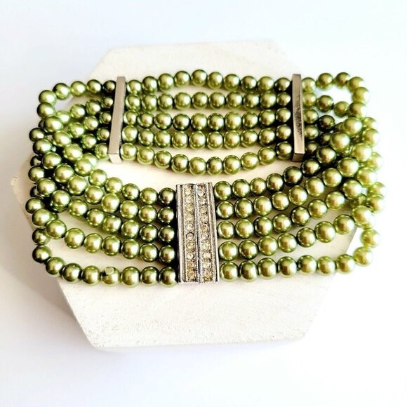Multi Strand Glass Pearl Bracelet Rhinestone Slider Clasp Light Olive Green 7.5" - Picture 1 of 4